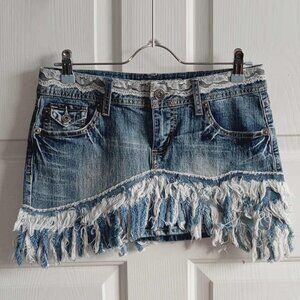 YMI Distressed Lace & Fringe Micro Denim Skirt
